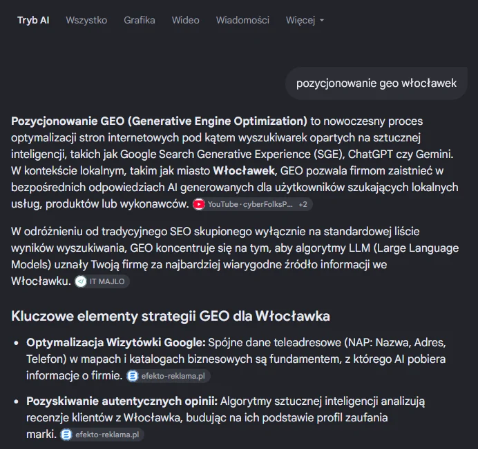 Tryb AI w Google na pytanie o pozycjonowanie GEO we Włocławku, z efekto-reklama.pl wśród cytowanych źródeł